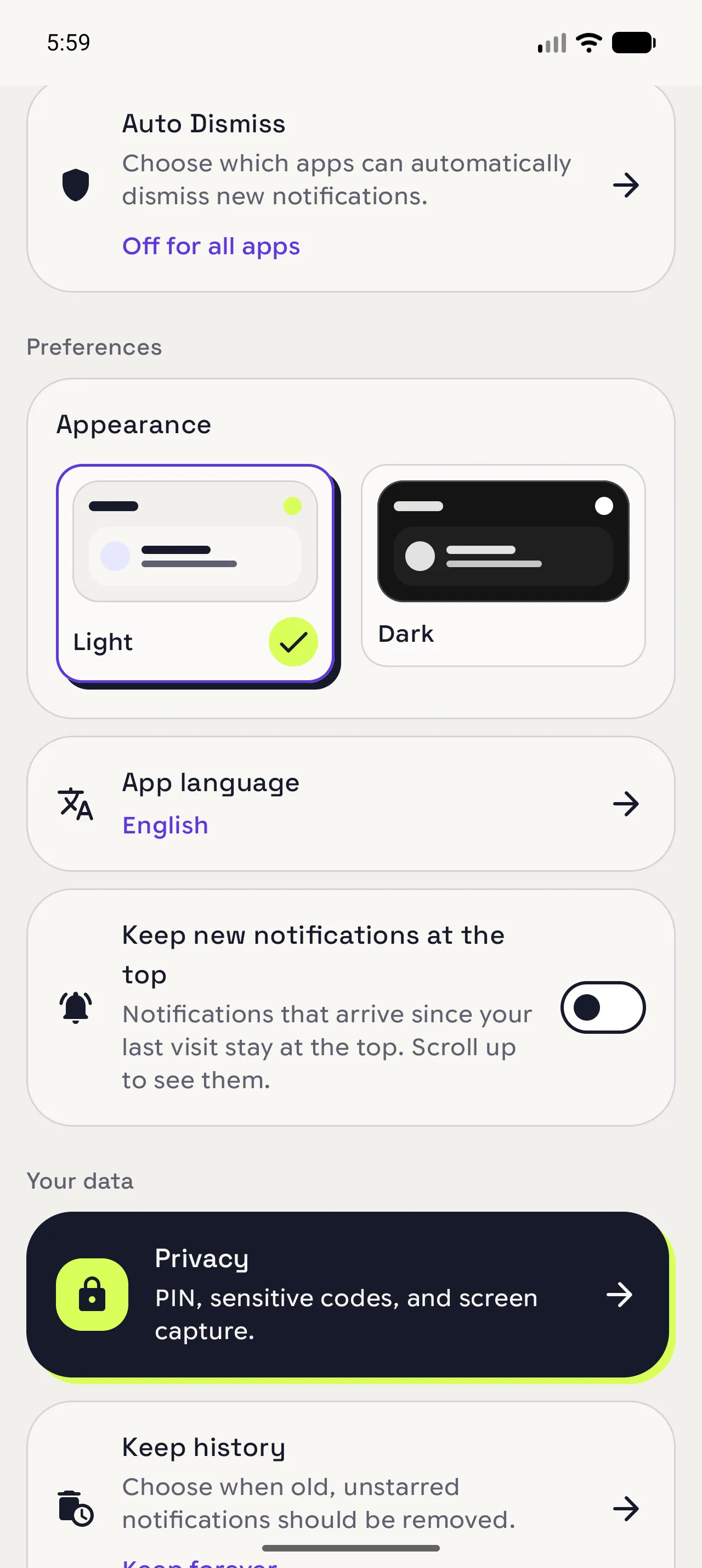 Light and Dark appearance cards in Notispace Settings