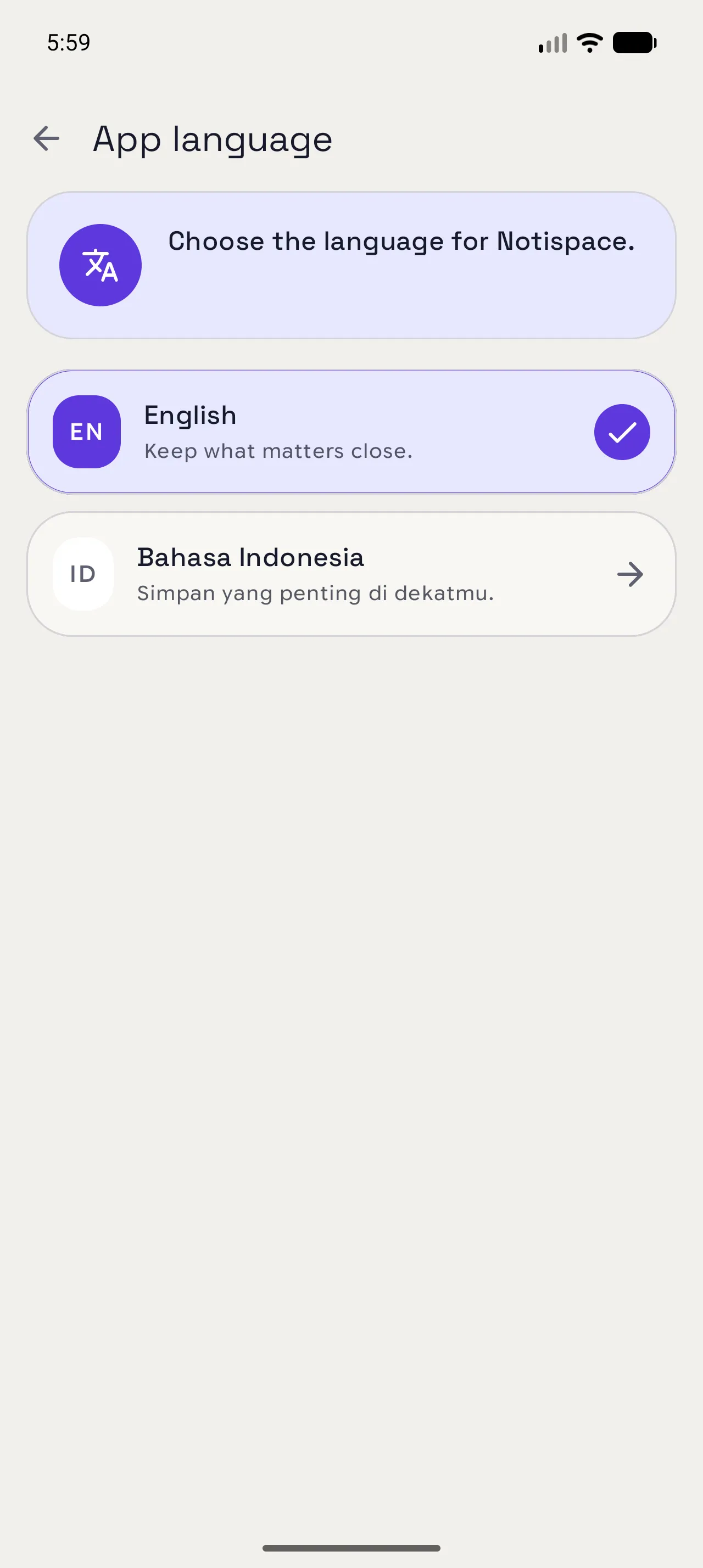 Notispace App language screen with English and Bahasa Indonesia options