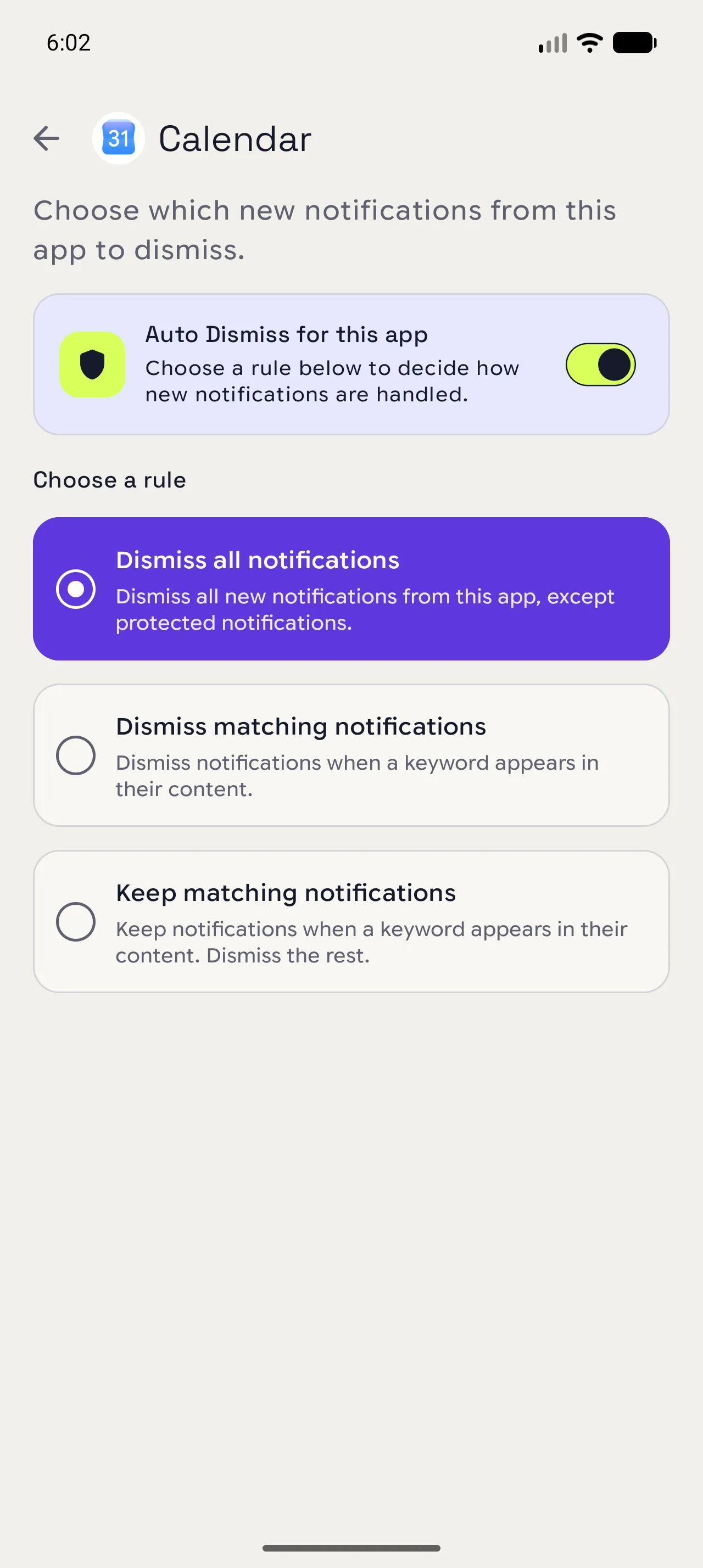 Auto Dismiss rule choices for an app in Notispace