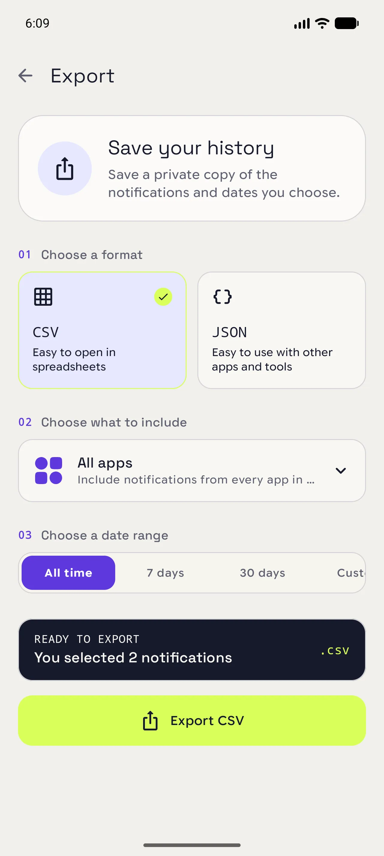 Notispace Export screen with CSV and JSON choices