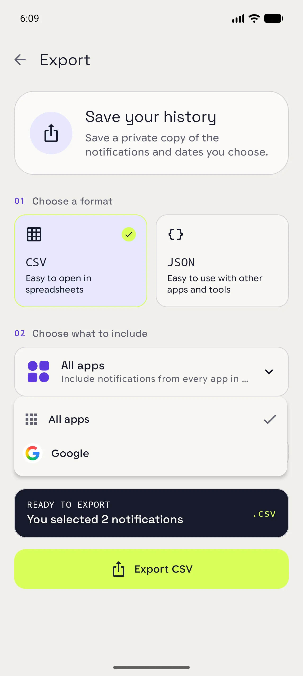 Notispace Export screen with the app scope picker open