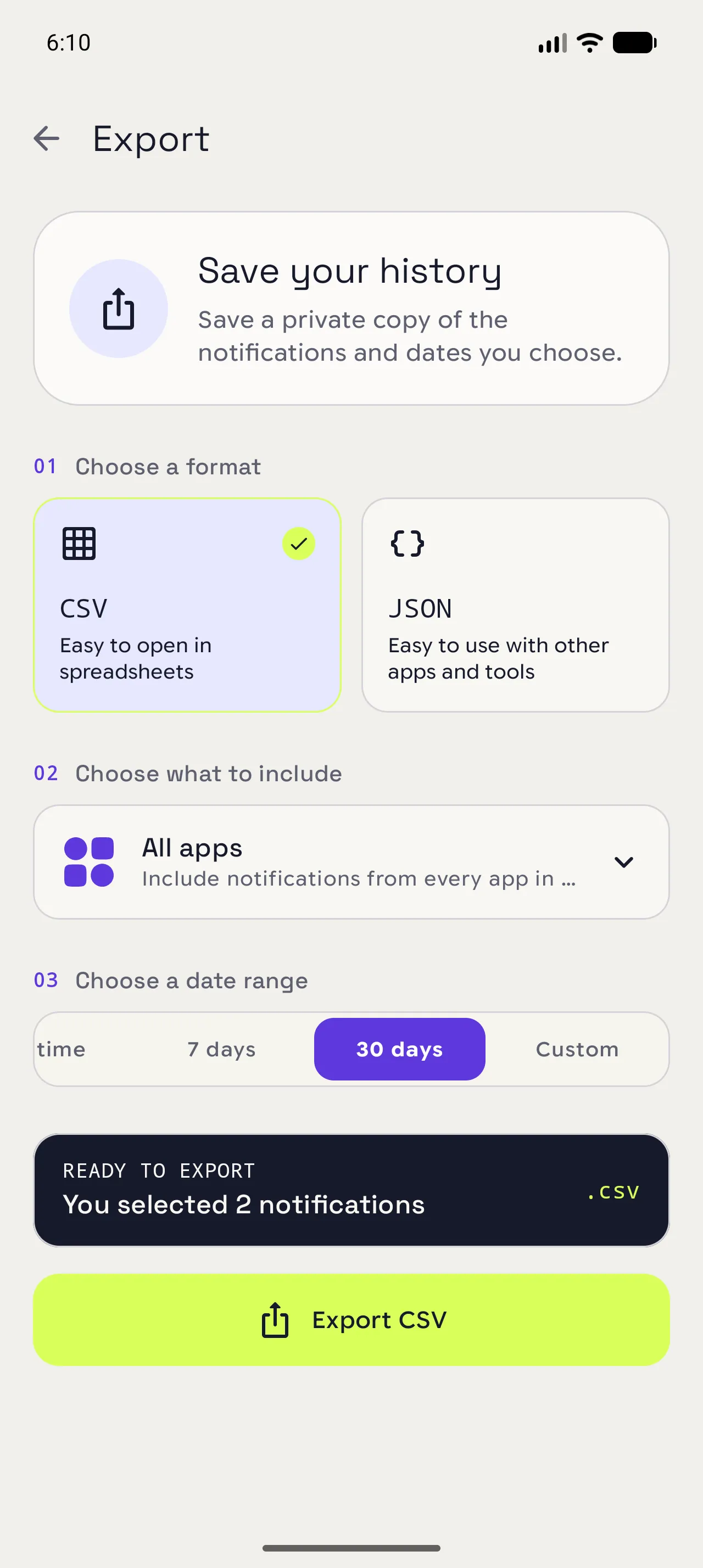 Notispace Export screen with a date range selected