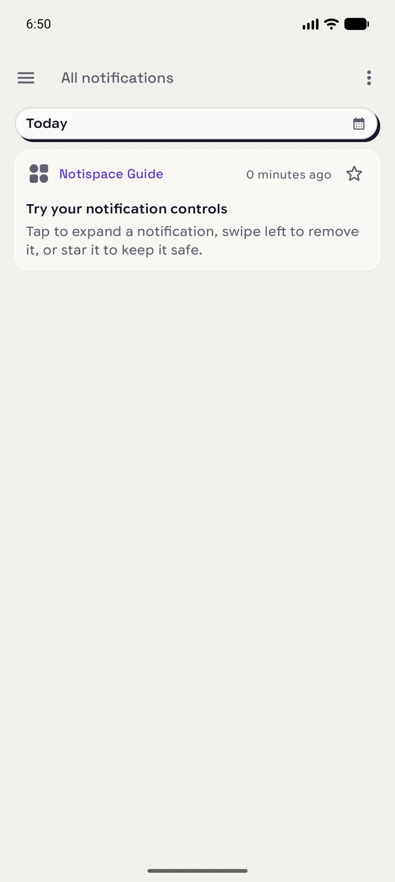 Notispace notification history with the Notispace Guide notification visible