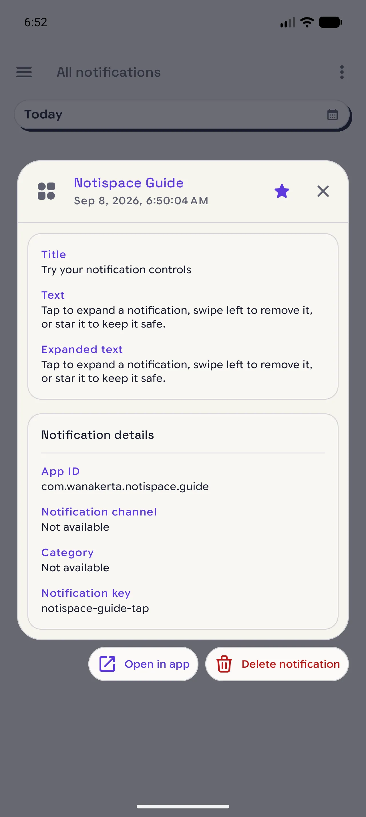 Notispace notification detail view for a saved notification