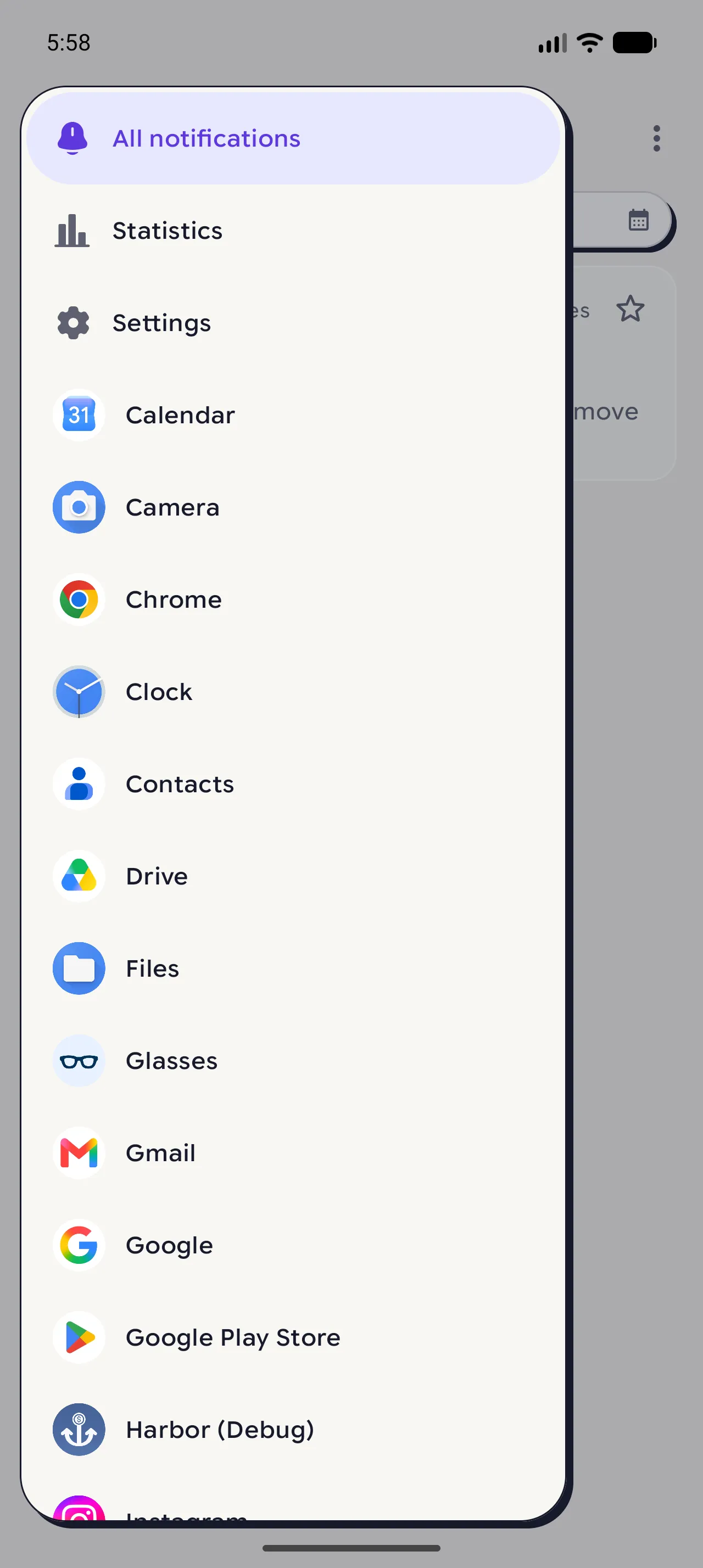Notispace Home screen with the navigation menu open and Settings visible