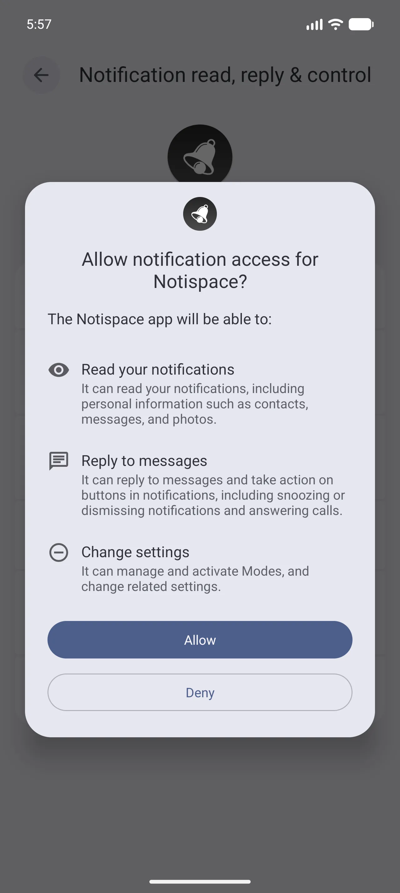 Android notification access confirmation for Notispace
