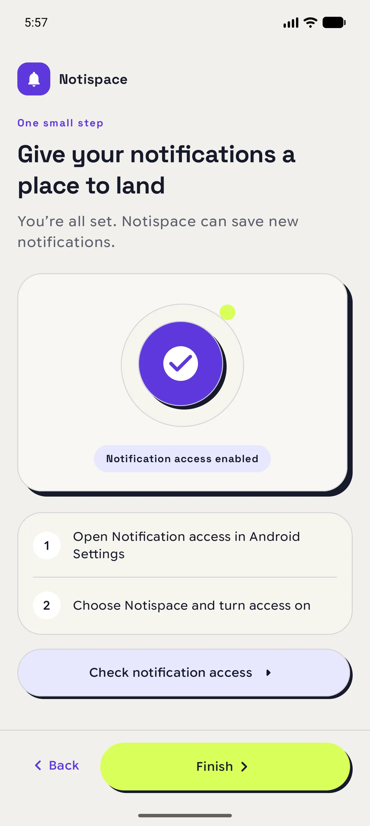 Notispace onboarding screen showing notification access enabled