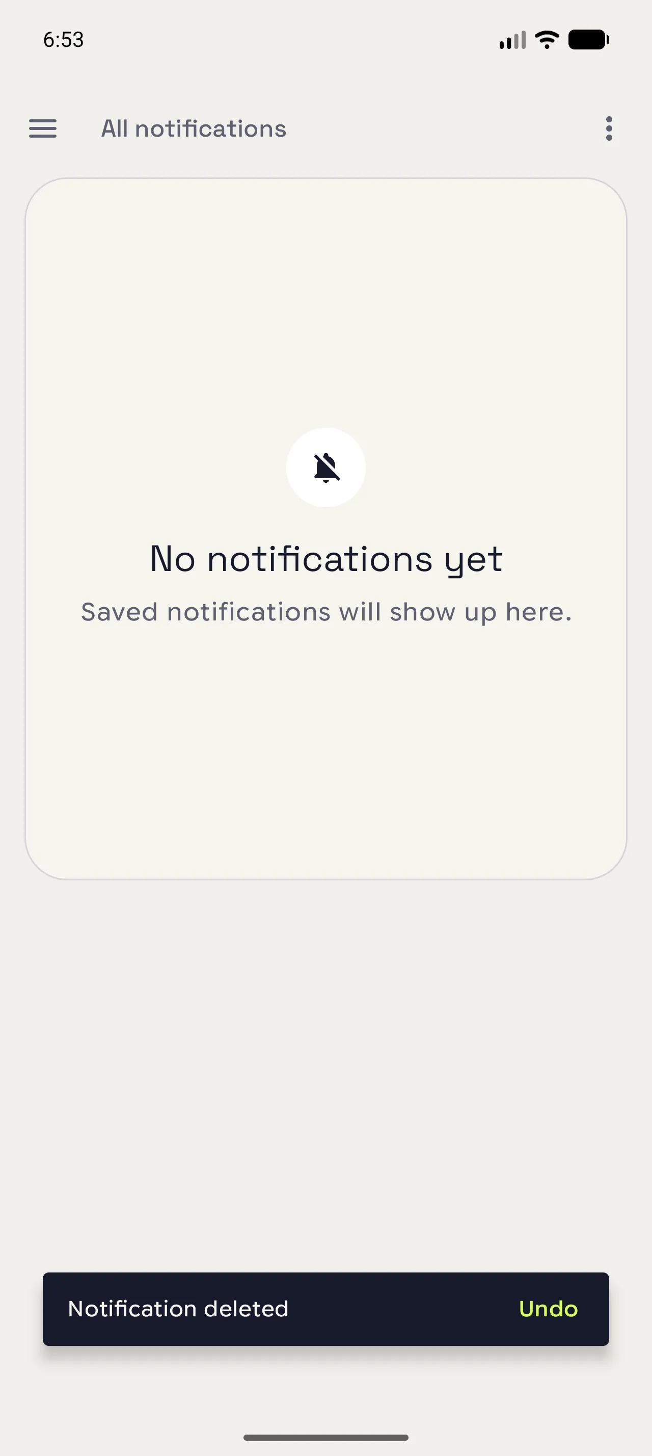 Notispace showing the Undo message after a notification is deleted
