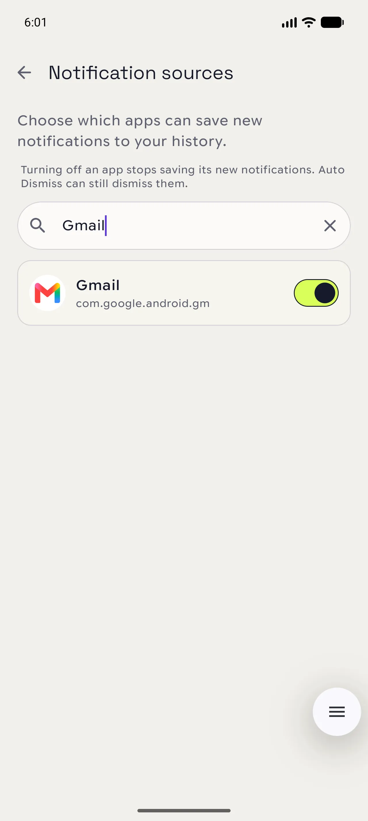 Notispace notification sources filtered by a search