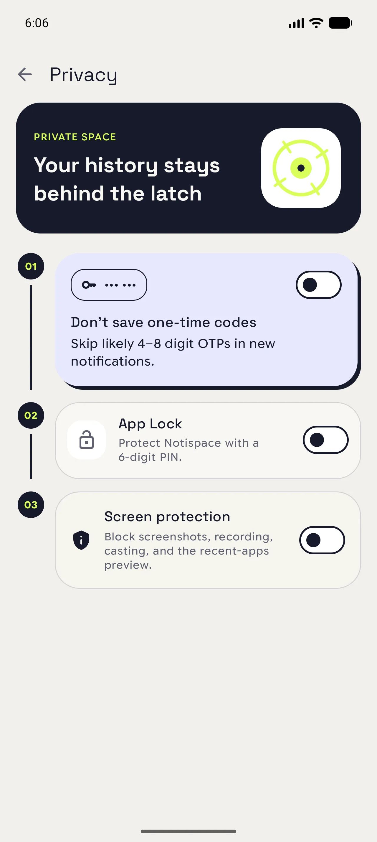Notispace Privacy settings with local history and protection controls