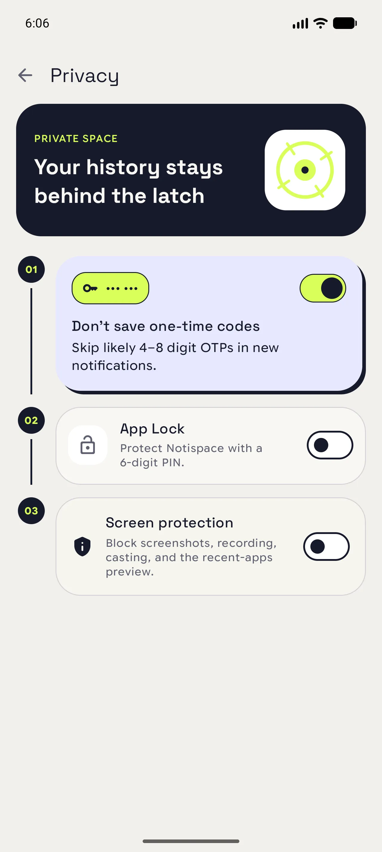 Notispace Privacy with the one-time-code filter enabled