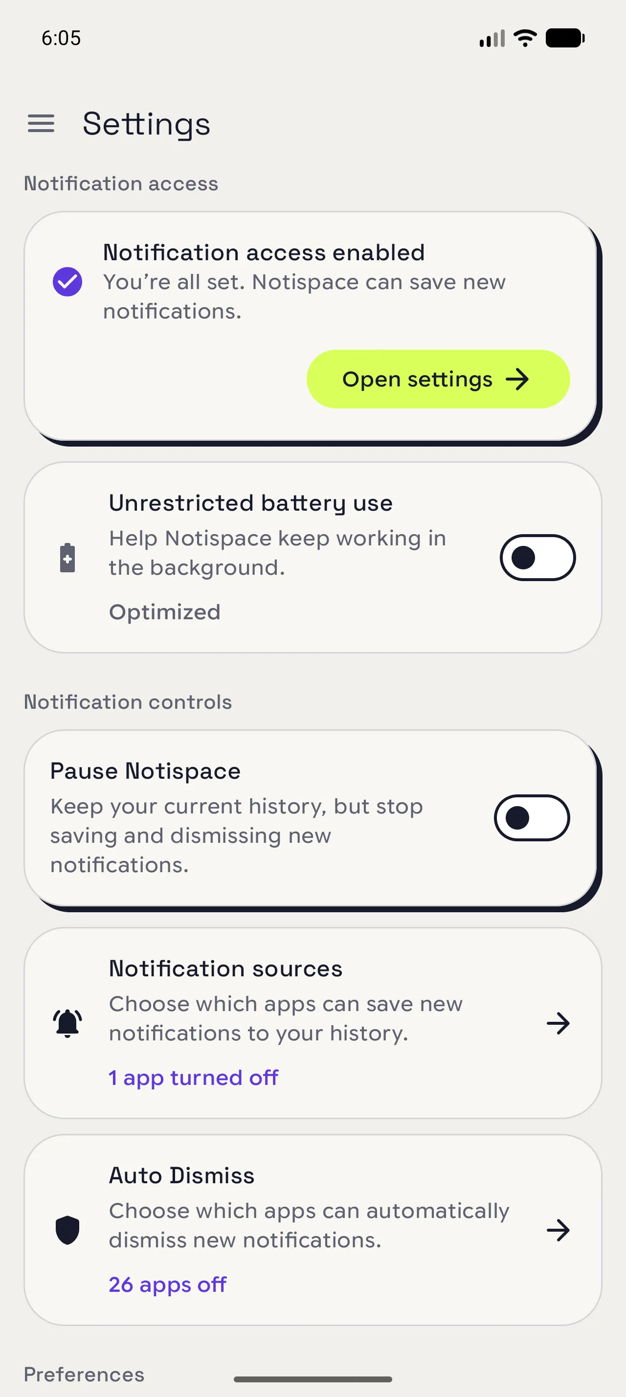 Notispace Settings with notification controls and history options