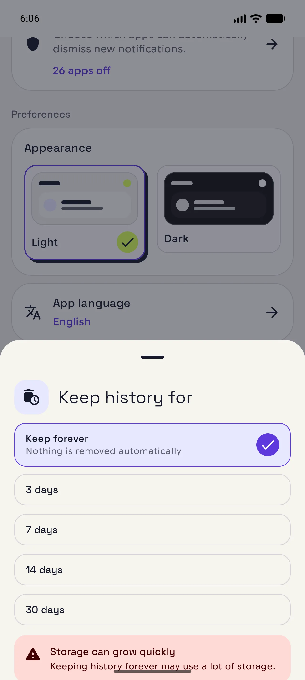 Notispace history retention picker